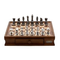 Dal Rossi Italy Chess Set with Diamond-Cut Titanium & Silver 85mm chessmen on a Walnut Finish Chess Box 16” with drawers