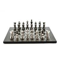 Dal Rossi Italy Chess Set Flat Carbon Fibre Board 50cm, With Metal Dark Titanium and Silver chessmen 115mm