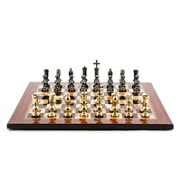 Dal Rossi Italy Chess Set Flat Walnut Finish Board 50cm, With Metal Dark Titanium and Gold Chessmen 110mm
