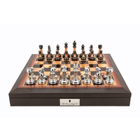 Dal Rossi 16" Chess Set Walnut Finish Chess Set with PU Leather Edge with compartments and Metal / Marble Finish Chess Pieces
