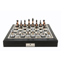 Dal Rossi 16" Chess Set Black Finish Chess Set with PU Leather Edge with compartments and Metal / Marble Finish Chess Pieces
