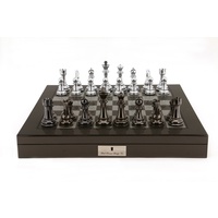 Dal Rossi Italy Silver/Titanium Chess Set on Carbon Fibre Shiny Finish Chess Box 20" with compartments