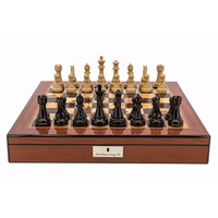Dal Rossi Red and Box Wood Finish Chess Set on Walnut Finish Chess Box 20" with compartments