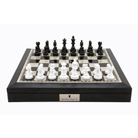 Dal Rossi 16" Chess Set Black and White with PU Leather Edge with compartments and Black and White 85mm Chess Pieces