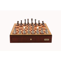 Dal Rossi Italy, Contemporary Chess Set with drawers 18" (Red Mahogany Finish) with Contemporary Pewter Chess Pieces