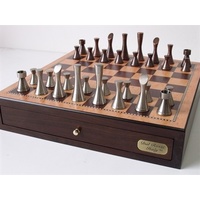 Dal Rossi Italy, Contemporary Chess with drawers 18" (Walnut Finish) with Contemporary Pewter Chess Pieces
