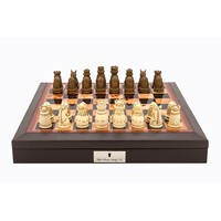 Dal Rossi Italy Brown PU Leather Bevilled Edge chess box with compartments 18" with Medieval Resin Chessmen