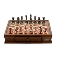 Dal Rossi Italy Chess Set with Diamond-Cut Copper & Bronze 85mm chessmen on a Walnut Finish Chess Box 16” with drawers