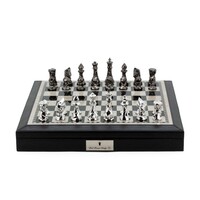 Dal Rossi Italy Black PU Leather Bevelled Edge chess box with compartments 18" with Diamond-Cut Titanium & Silver Finish Chessmen