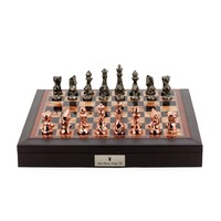 Dal Rossi Italy Brown PU Leather Bevelled Edge Chess Box with compartments 18" with Diamond-Cut Copper & Bronze Finish Chessmen