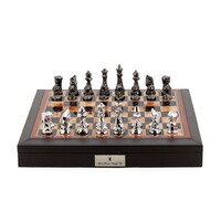 Dal Rossi Italy Brown PU Leather Bevelled Edge Chess Box with compartments 18" with Diamond-Cut Titanium & Silver Finish Chessmen