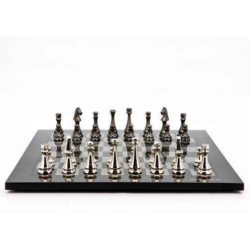 Dal Rossi Italy Chess Set Flat Carbon Fibre Board 50cm, With Metal Dark Titanium and Silver chessmen 85mm