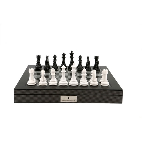 Dal Rossi Italy Black/White Chess Set on Carbon Fibre Shiny Finish Chess Box 20" with compartments
