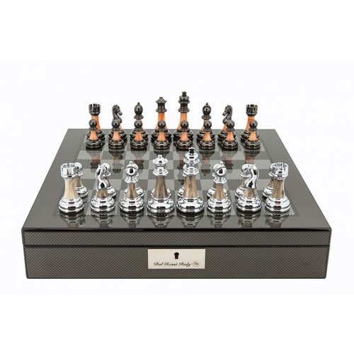 Dal Rossi Italy Carbon Fibre Shiny Finish Chess Box 16" with Metal Marble Chess Pieces