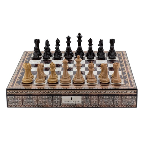Dal Rossi Chess Box Mosaic Finish 20" with compartments with Black Ebony and Box Wood Finish 101mm Chess pieces