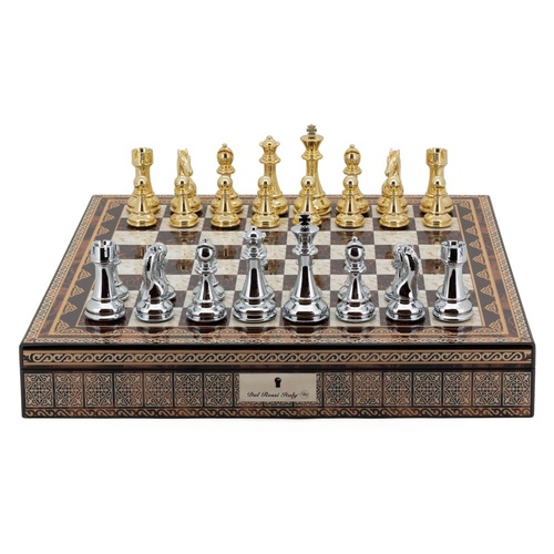 Dal Rossi Chess Box Mosaic Finish 20" with compartments with Gold and Silver Finish 101mm Chess pieces