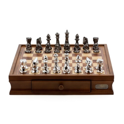 Dal Rossi Italy Chess Set with Diamond-Cut Titanium & Silver 85mm chessmen on a Walnut Finish Chess Box 16” with drawers