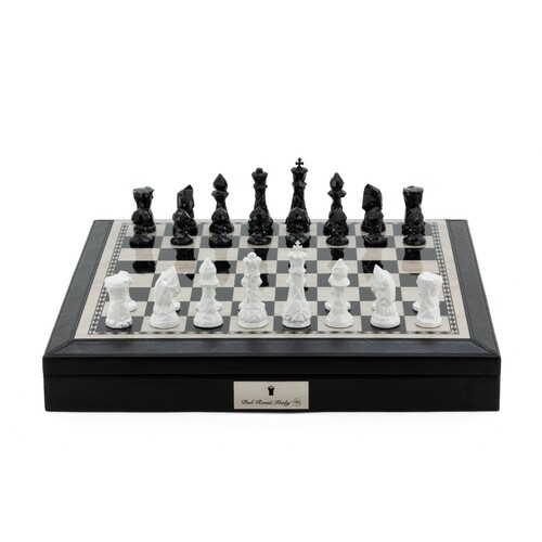 Dal Rossi Black PU Leather Bevelled Edge Chess Box w/compartments 18"  Diamond-Cut Black & White Finish Chessmen