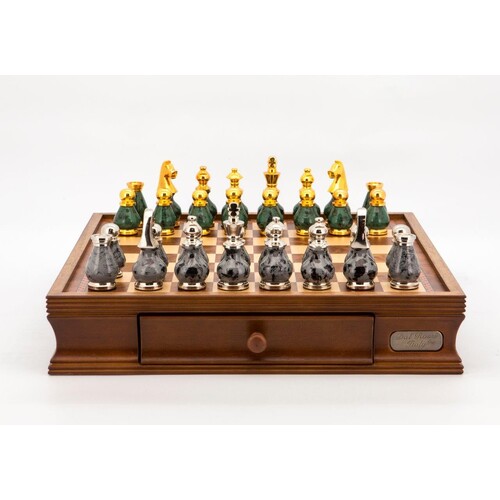 Dal Rossi Italy Chess Set Walnut Finish 16″ With Two Drawers, With Gray and Green Gold and Silver Metal Tops and Bottoms Chess Pieces 90mm