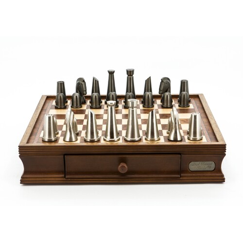 Dal Rossi Italy Chess Set Walnut Finish 16″ With Two Drawers, With Metal Dark Titanium and Silver chessmen 85mm