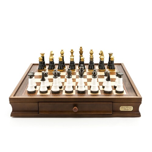 Dal Rossi Italy Chess Set Walnut Finish 20″ With Two Drawers, With Black and White with Gold and Gun Metal Tops and Bottoms Chessmen 110mm